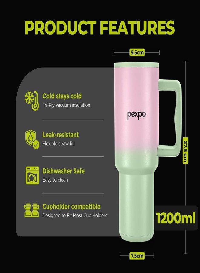 PEXPO Sipper Water Bottle for Adults, ISI Certified, Three Layer Insulated Stainless Steel Tumbler With Handle 1200ml|Leakproof | With Straw & Cleaning Brush|Hot & Cold Flask|Stanzy- Pink-Green Ombre - Image 4